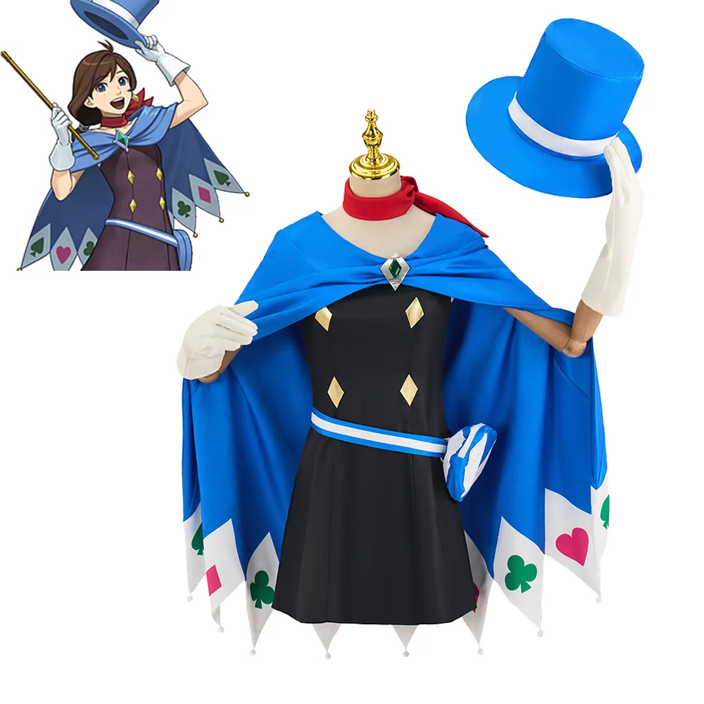 

Аниме Ace Attorney Gyakuten Saiban Magician Naruhodou Minuki Косплей Костюм Одежда с накидкой Шляпа Женский костюм на Хэллоуин