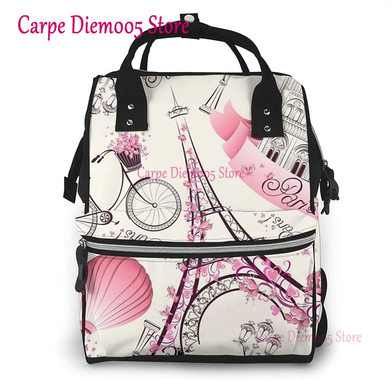 Paris Eiffel Tower Bycicle Printed Mummy Backpack Diaper Bag Multi-Function Maternity Nappy Bags, Kid Bag with Laptop Pocket