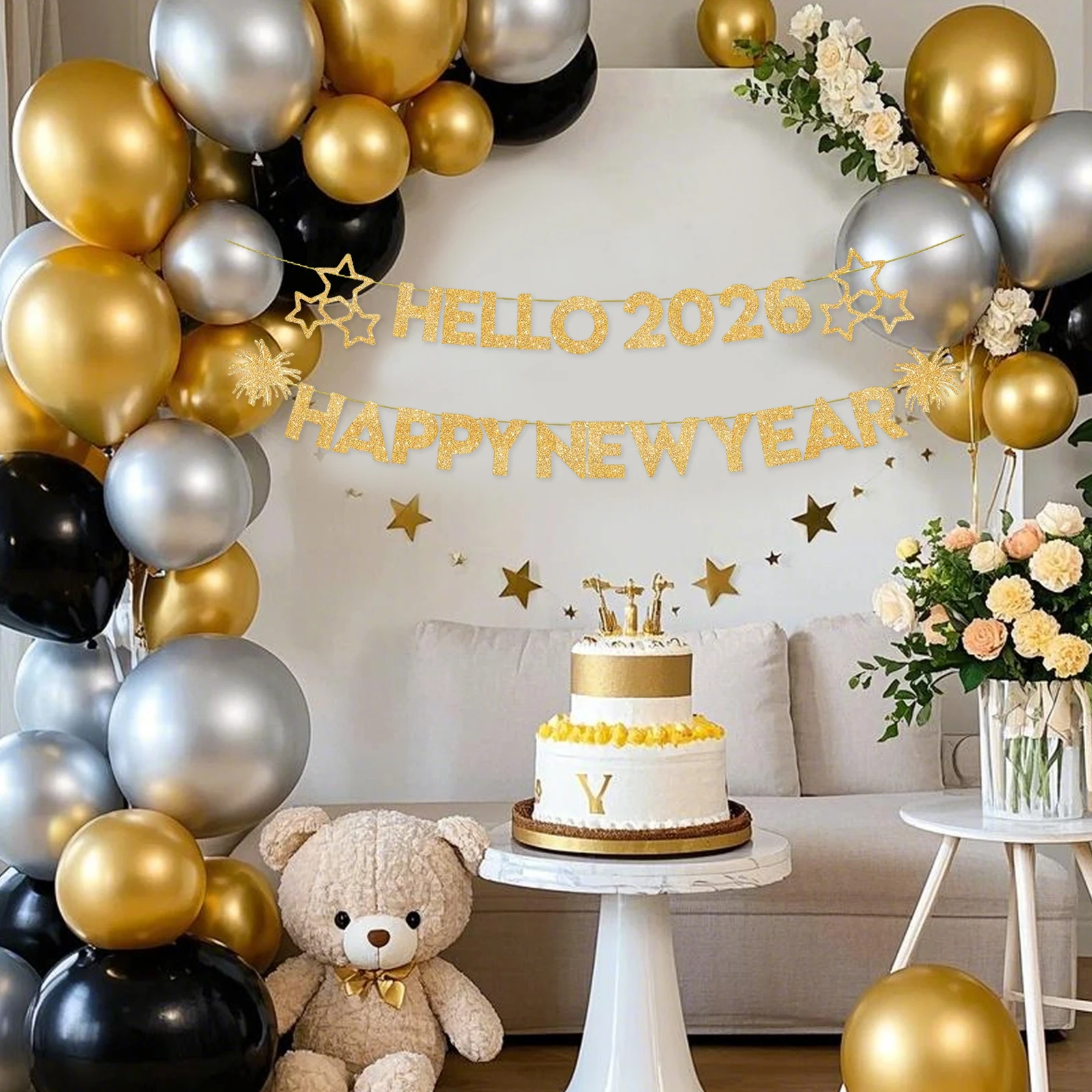 مرحبا 2026 NYE زينة بريق سنة جديدة سعيدة راية ذهبية ليلة رأس السنة زينة الحفلات 2026 لوازم NYE تسجيل جارلاند