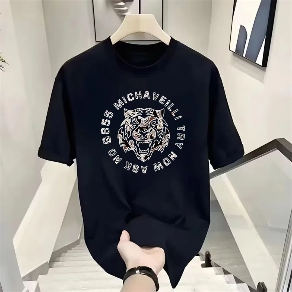

2025T-shirt Men's Summer New Versatile Tiger Head Print Ins Men's and Women's Same Round Neck Pure Cotton Clothes ins