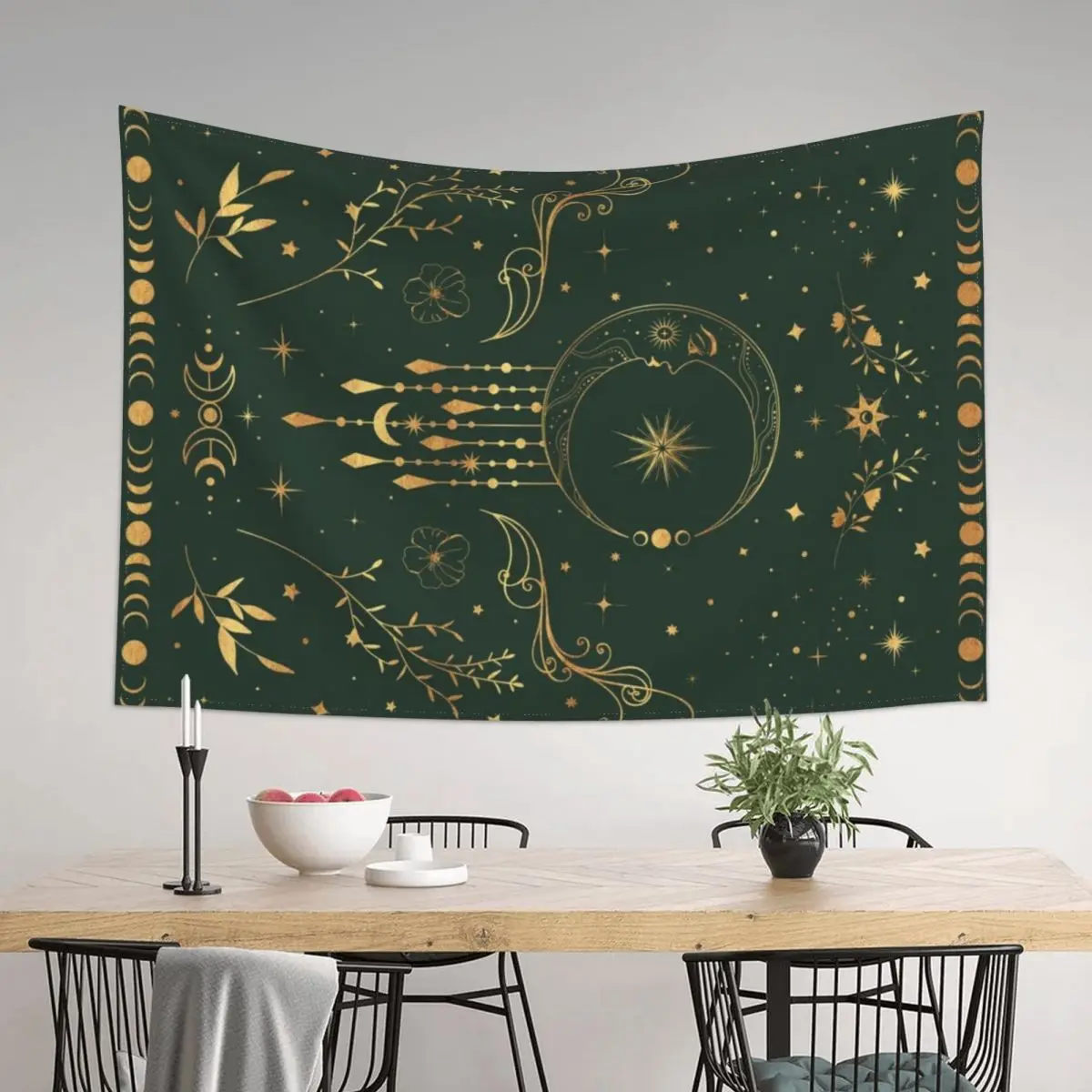 

Sage green and gold Celestial crescent moon with floral accents and moon phase tie dye Tapestry Room Decor Korean Style Tapestry