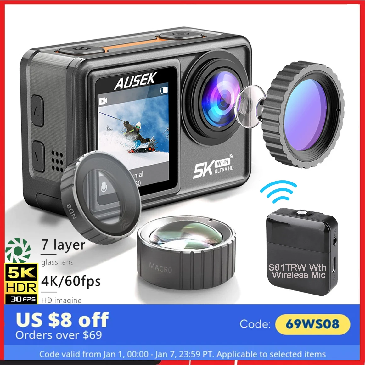 AUSEK S81TRW Action Camera 5K 4K60FPS 48MP DVR EIS With Optional Filters 5X Zoom 1080P Webcam Vlog Wi-Fi Sports Cam With Remote