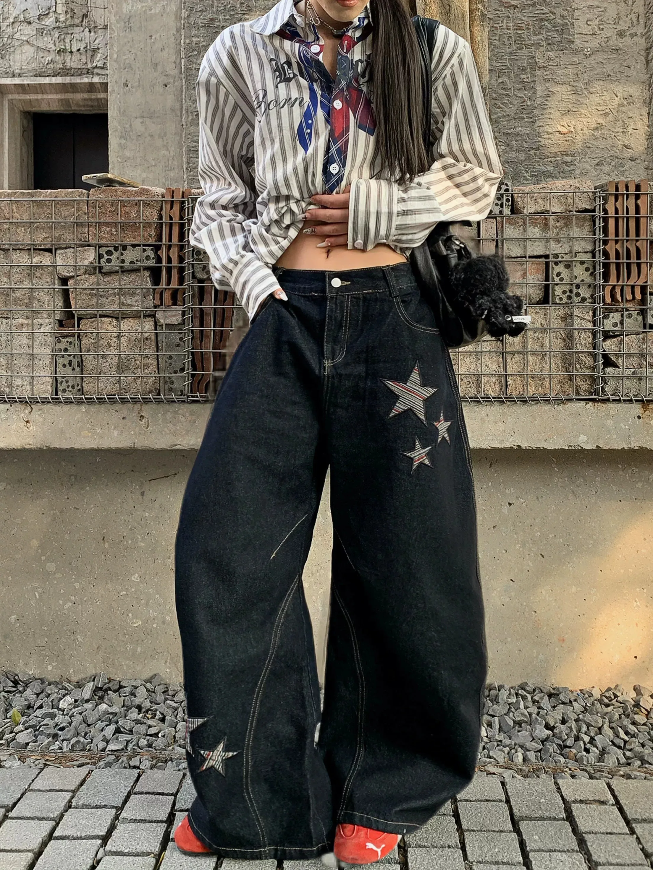 Women's Black Gothic Y2k Emo Baggy Jeans Star Embroidered Denim Pants Grunge Vintage Harajuku Hiphop Alternative Denim Trousers