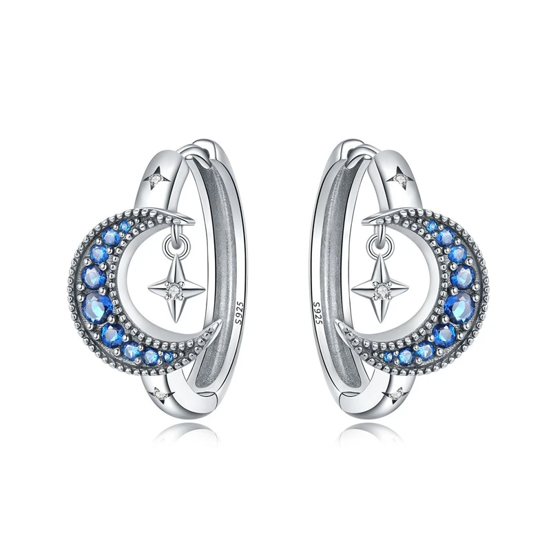 Real 925 Sterling Silver Hoop Earrings Moon Star Earrings For Women Engagement Wedding Party Birthday Gift Silver Jewelry