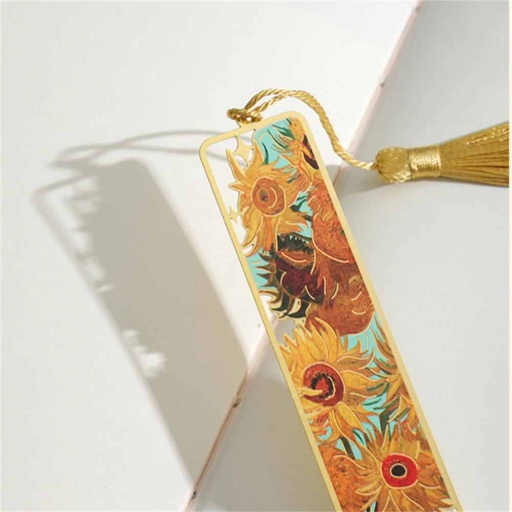 Metal Sunflower Hollow Bookmark Chinese Style Creative Painted Book Holder Tassel Pendant Kids Stationery School Office Supplies