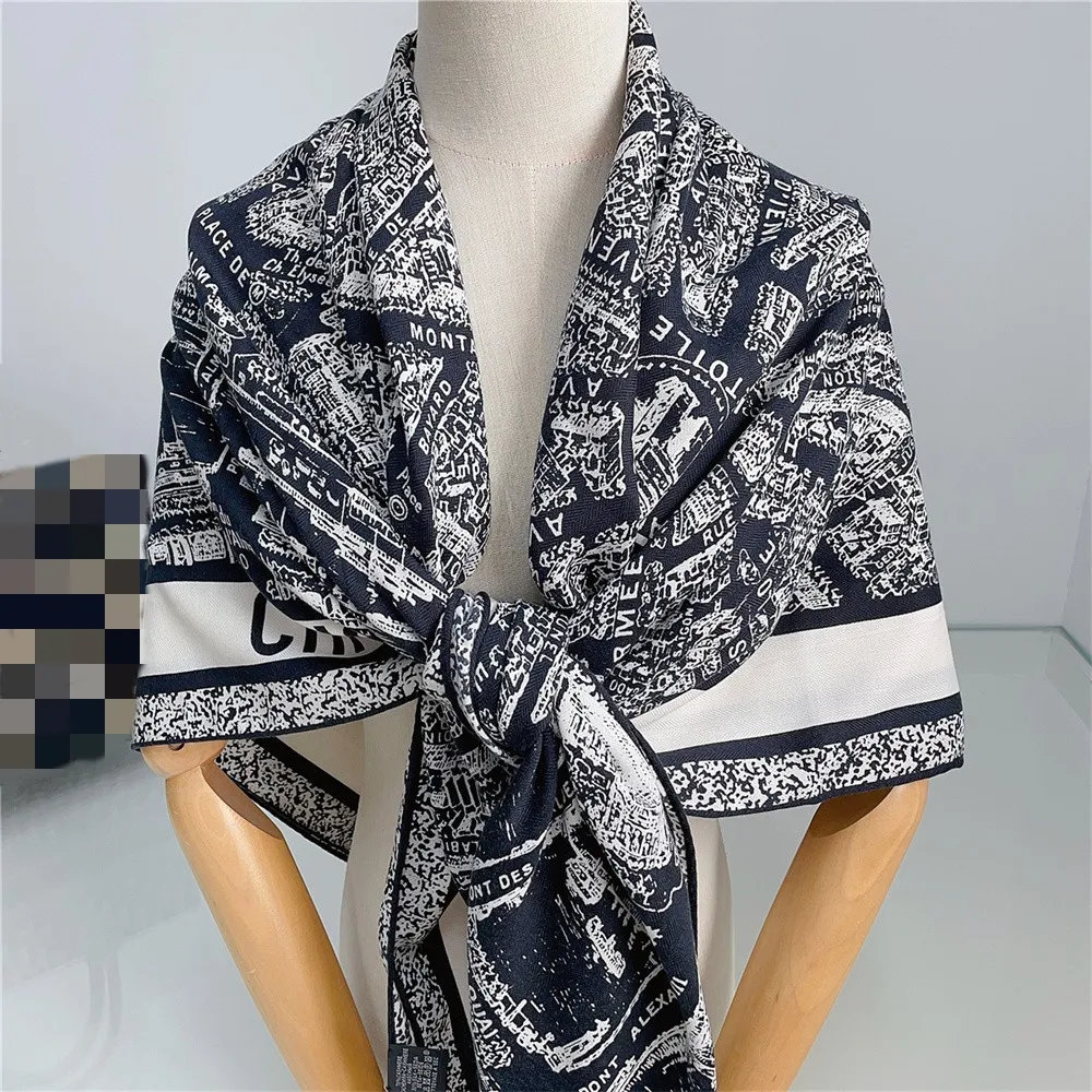 135CM Winter Thicken Silk Cashmere Scarf Women Hand Rolled Shawls Paris City Print Square Scarves Wraps Bandana Big Hijab Female