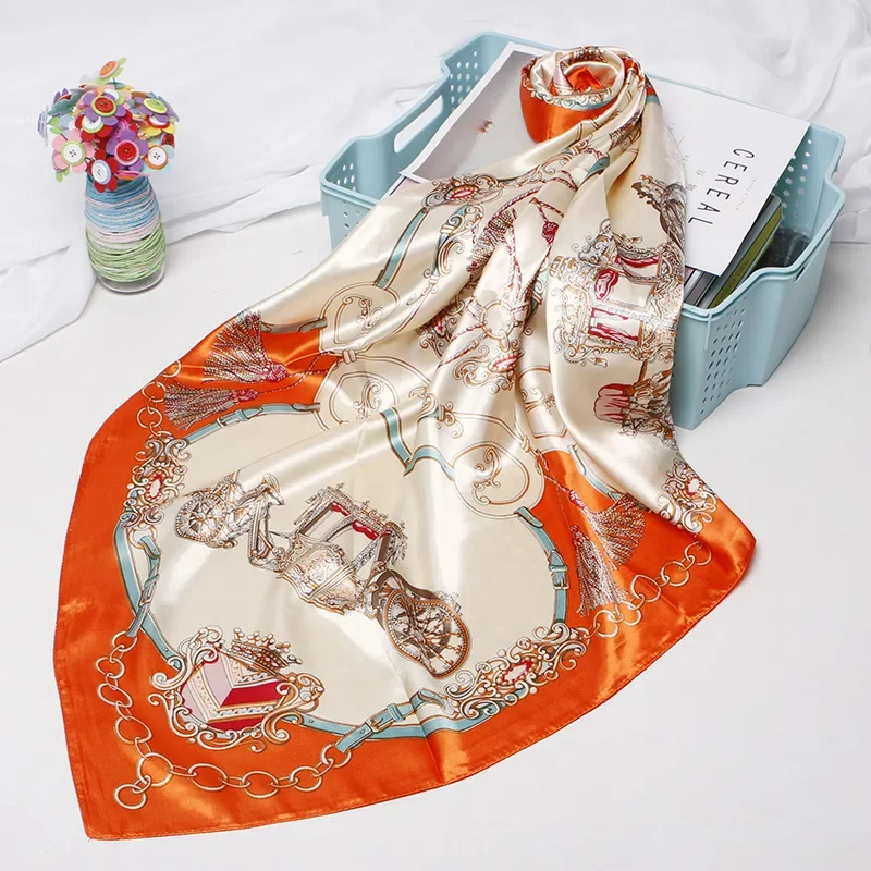 QLUKEOYY Silk Scarf 90*90CM Imitation Silk New Carriage Chain Printing Small Square Scarf Women Hijab Scarf Women Luxury