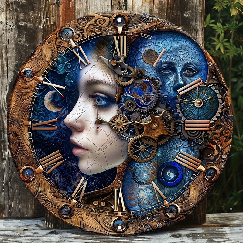 Steampunk Gear Clock Design Aluminiowy znak, okrągły metalowy wieszak na drzwi, dekoracje ścienne, idealny do domu, biura, przestrzeni na zewnątrz