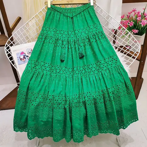 Mujer Color sólido encaje cintura alta Patchwork Crochet gran Swing A-line vestido de longitud media moda nueva