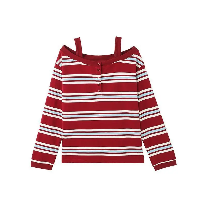 

Red and Blue Striped Shoulder T-shirt Women's New Off-the-shoulder Long-sleeved Top