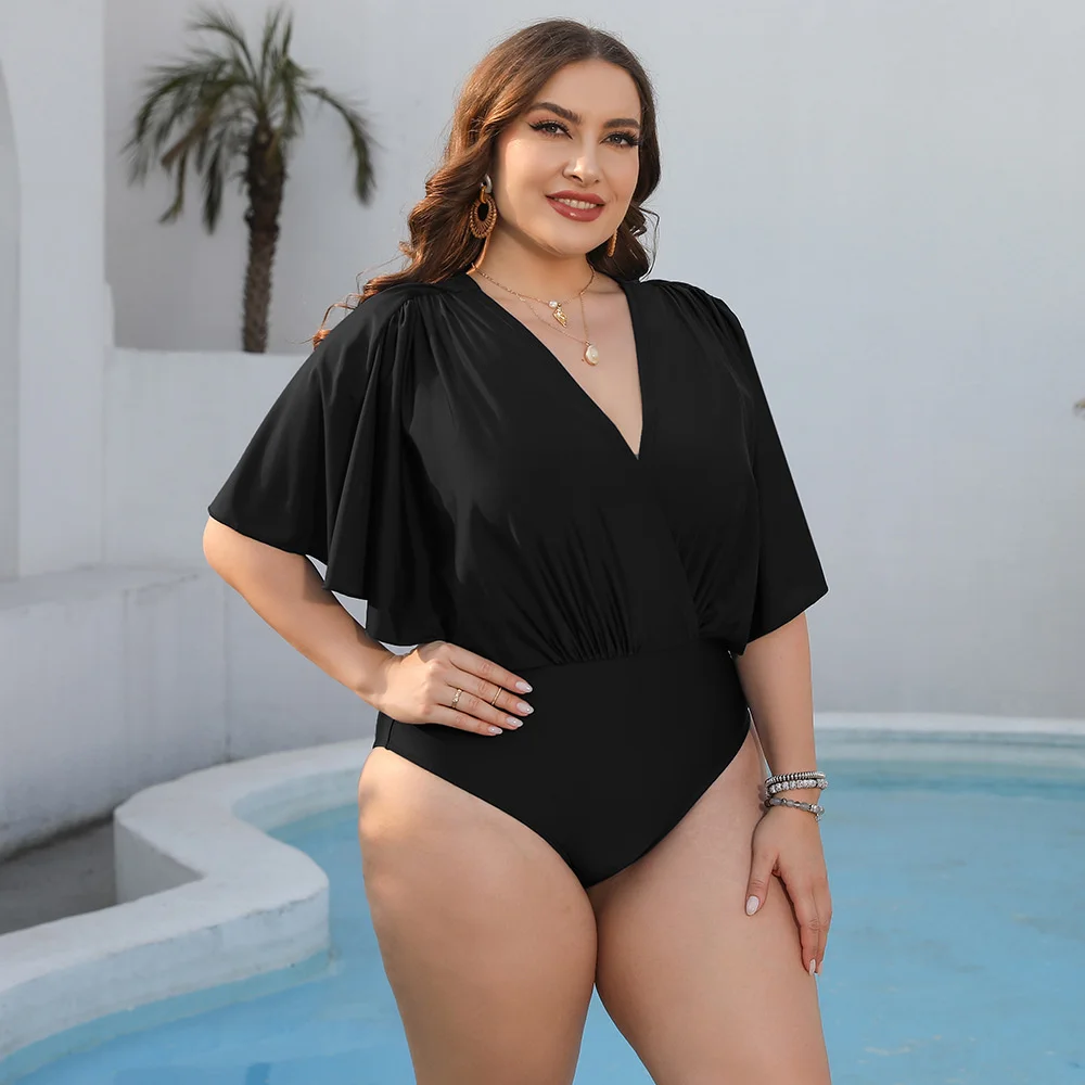 

2024 women's fashion summer swimsuit Black spa conservative plus fat one-piece bikini for women