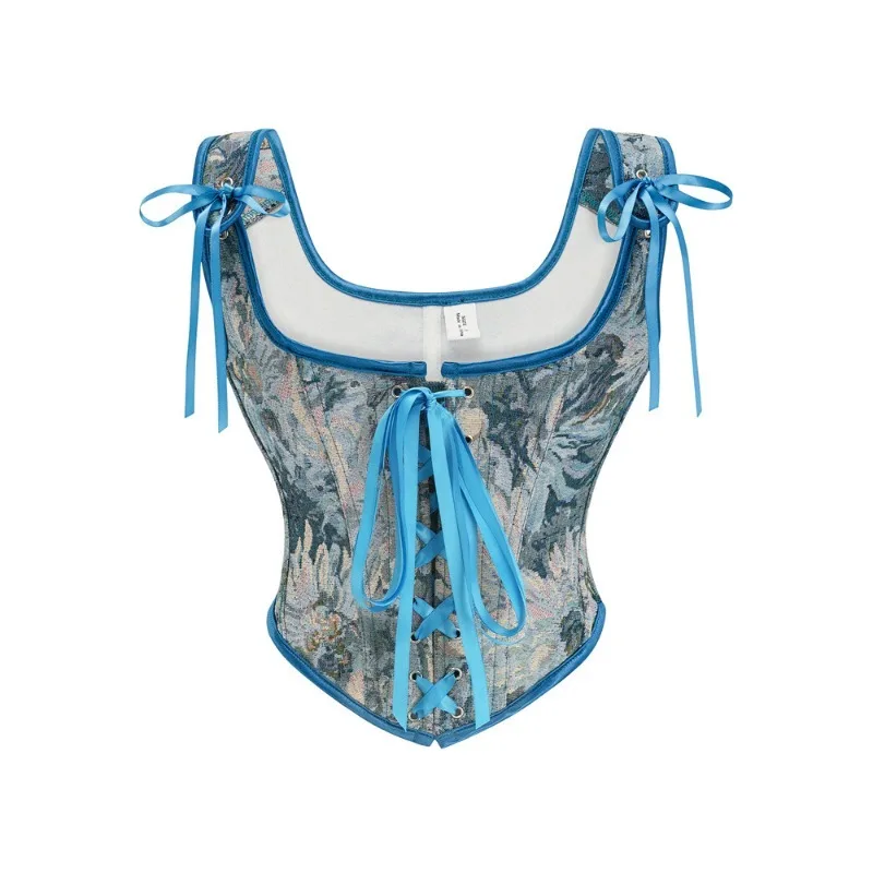 Elegant Square Neck Floral Corset Top Women Printed Lace Up Waist Trainer Ribbon Tie Vintage Casual Party Wear