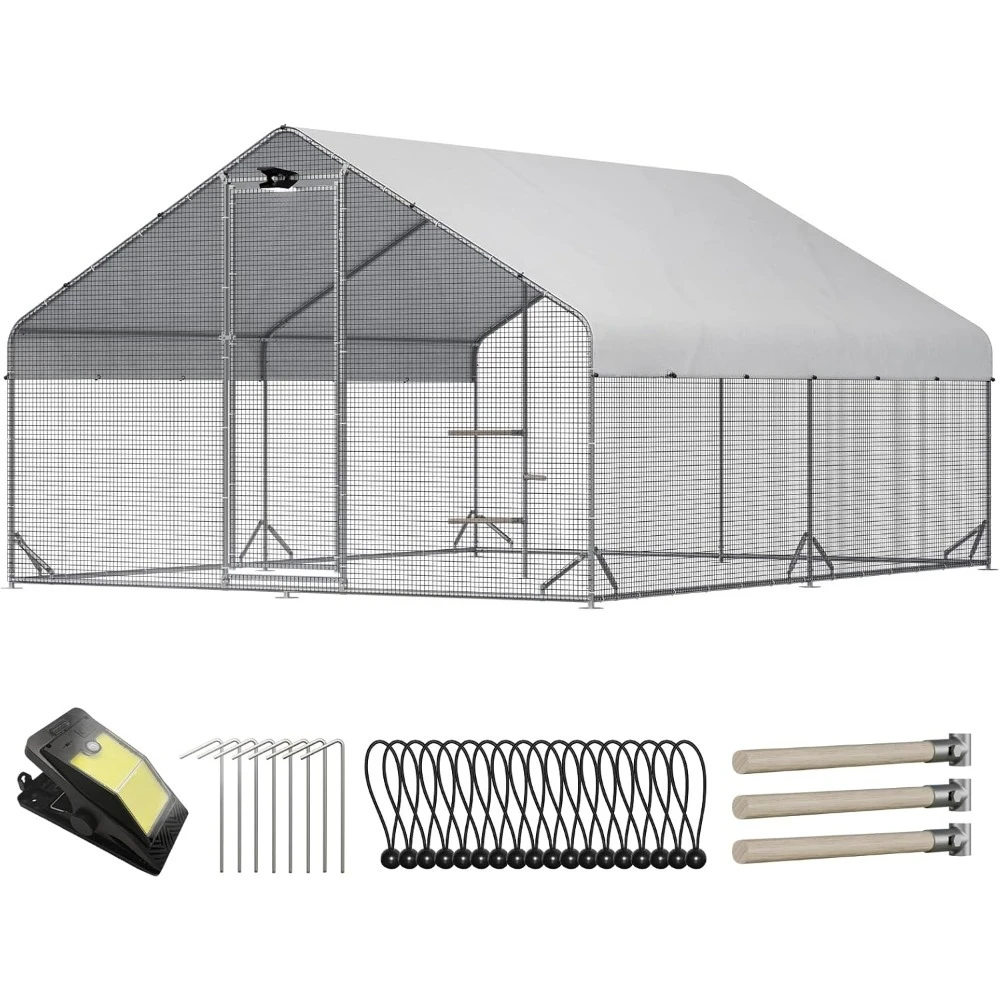 

Large Walk-in Metal Chicken Coop with Chicken Run & Hardware Cloth, Solar Light, Waterproof & UV-Resistant Cover, Outdoor Poultr