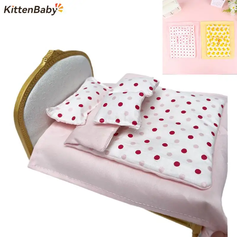 

1:12 Dollhouse Miniature Bed Sheet Quilt Pillow Bedding Four Piece Set Bedroom Decor Toy Doll House Accessories