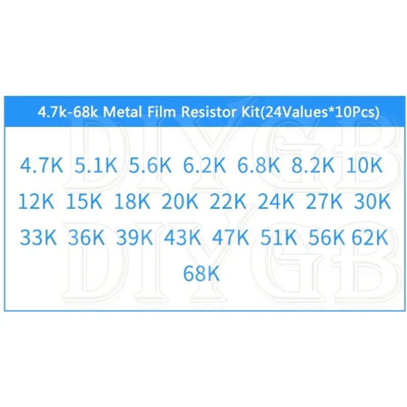 24Values*10pcs=240PCS 1/4W 0.25W 1% 4.7k-68k Metal Film Resistor Component Diy Kit Package