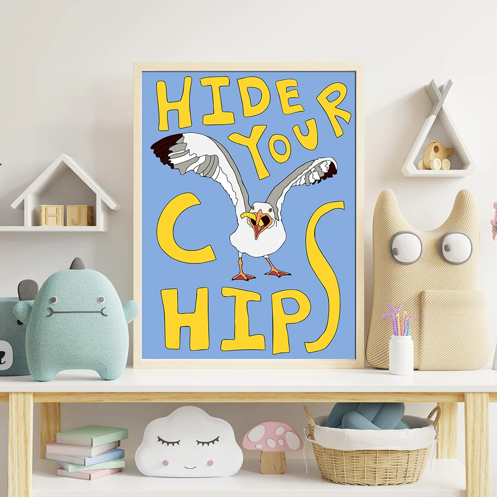 

Hide Your Chips Poster Seaside Style Wall Art Seagull Canvas Painting Print Cartoon Picture Living Room Kid Home Decor Cuadros