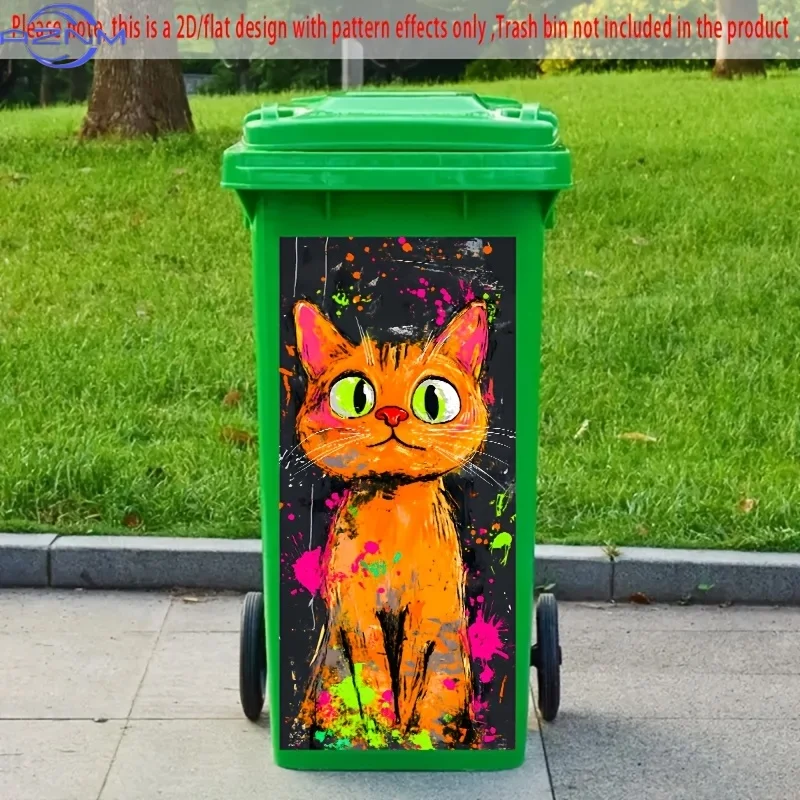 1pc 2D/FLAT Trash Can Sticker, , Graffiti Style Cat, Bold Orange and Green Colors, Design, Sticker for Trash Cans, Walls, Kitc