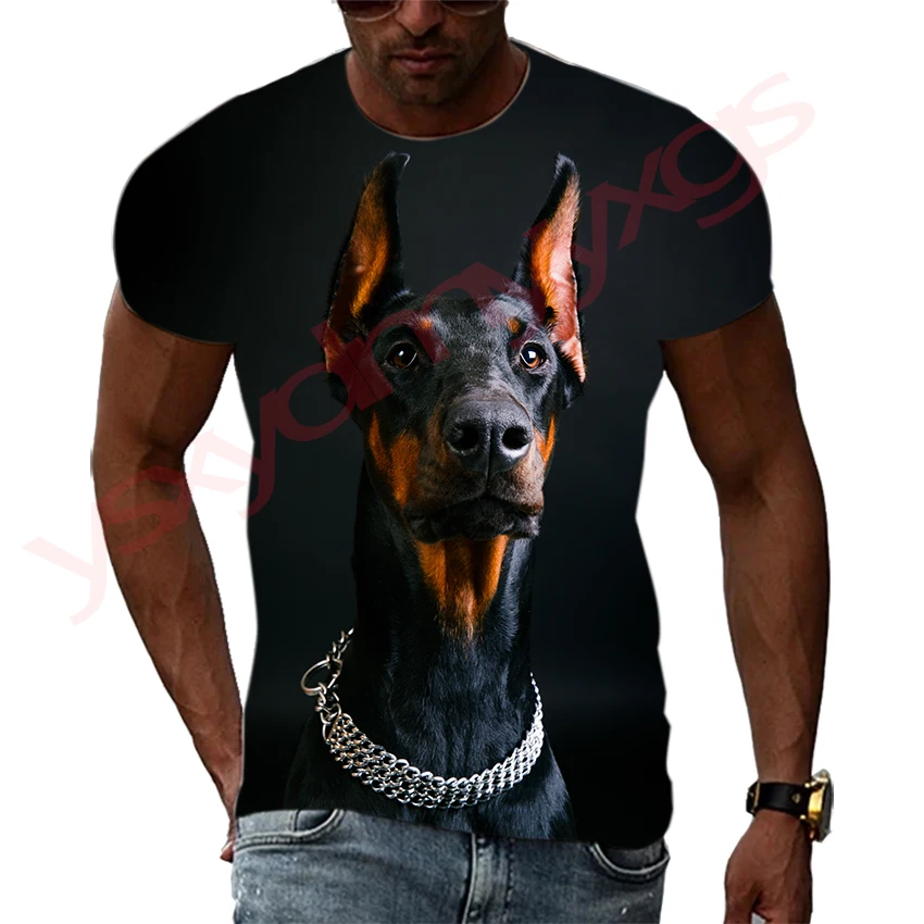 New Tide Summer Fashion  Doberman Picture T-shirts Casual Print Tees Hip Hop Personality Round Neck Short Sleeve Tops