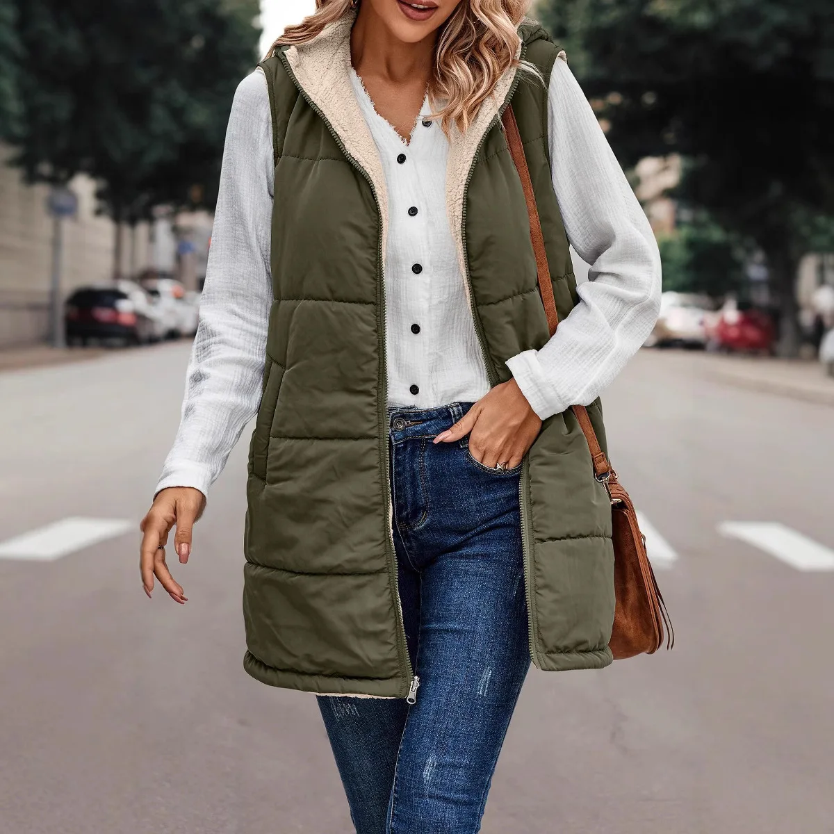 CPSYMYM Casual Padded Vests Coats Women Sleeveless Hooded Cotton-padded Vest Double-sided Wear Slim-fit Cardigan Jacket Outwear