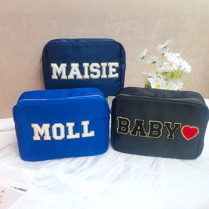 Cosmetic Bag Custom Makeup Bag Personalized Nylon Pouch Chenille Patches XL Travel Case Large Toiletry spf Bag Bridesmaid Gift