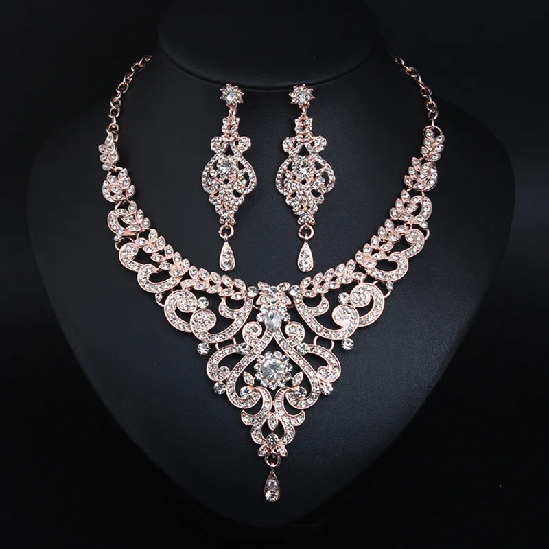 

New diamond-studded necklace and earrings set for bridal gowns and formal events. The gift for a classmate