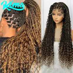 32inch Synthetic Boho Knotless Braided Wigs for Black Women Bohemian Box Braids Wigs Lace Front Braided Lace Wigs with Baby Hair
