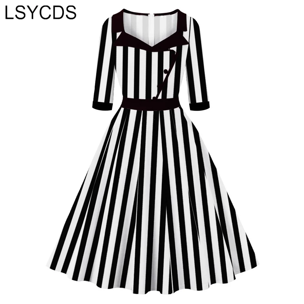 LSYCDS Striped Print Vintage Long Dresses Women Sweetheart Neck Buttons 3/4 Length Sleeve Fall Elegant A-Line Flare Retro Dress