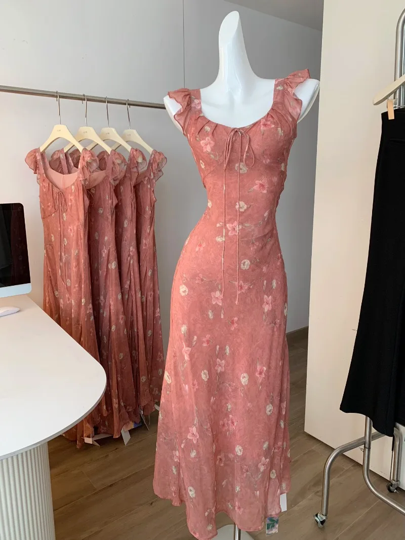 

Floral Ruffle Long Dress for Women's Spring/Summer French Retro Vacation Style Slim Fit Strap Dress Fashion Female Clothes