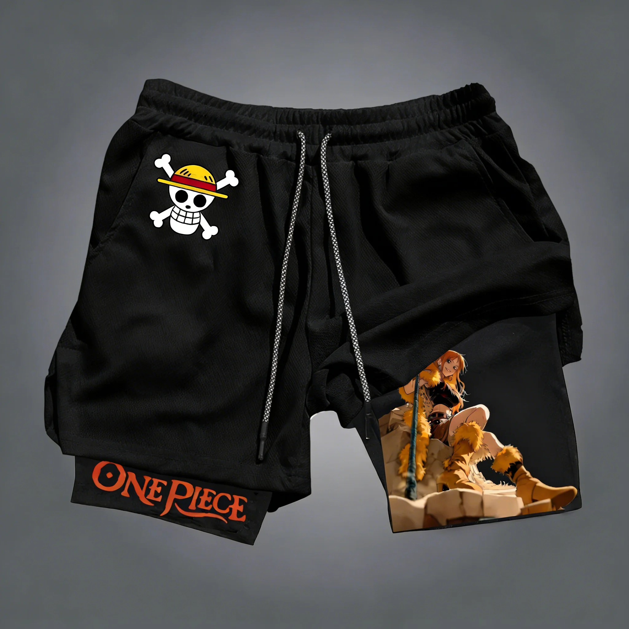 Bandai One Piece Luffy Printed Double-layer Shorts, Loose Men's and Women's Summer Sweat-wicking and Breathable Sports Shorts