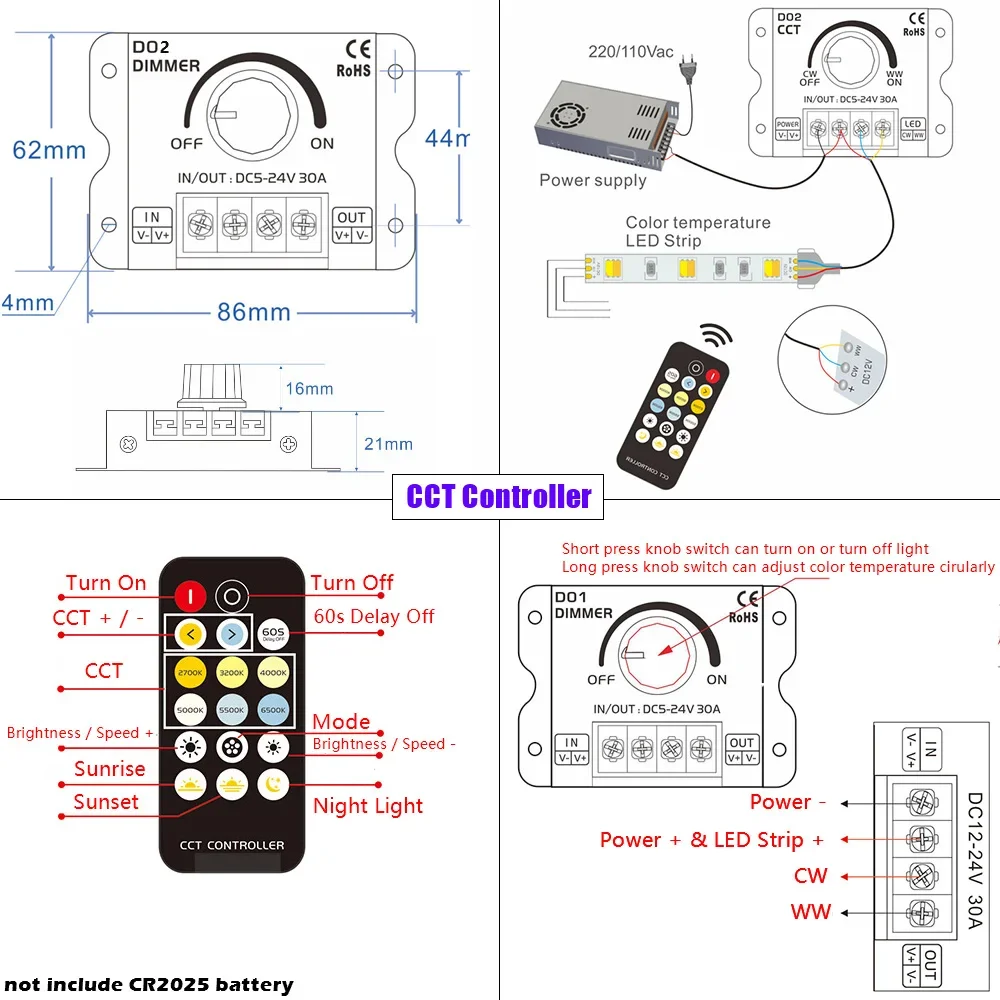 DC5-24V 30A LED Strip Light Knob Switch Dimmer with Wireless RF Controller for Single Color / CCT Tape Lights Stepless Dimming