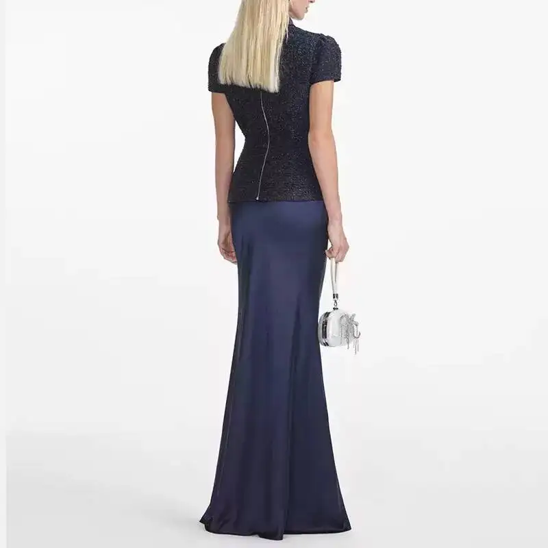 Maxi formal vestidos de noite de luxo feminino verão outono único breasted cristal cetim tweed vestido longo azul festa jantar vestidos