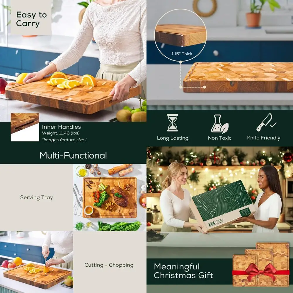 

Large Teak Wood Serving Board - Non-Toxic, Pre-Oiled, XL Size, with Juice Groove & Handles, Perfect Christmas Gift