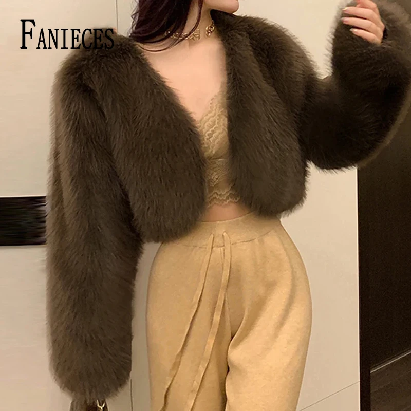 

FANIECES Women Faux Fox Fur Cropped Coat Winter Warm Long Sleeve Artificial Fur Short Jacket Luxury Party Club Overcoat 신상아우터