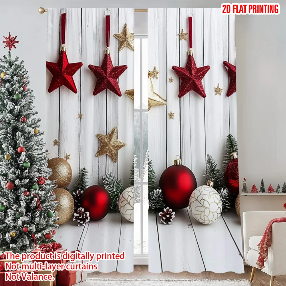 

2pcs 2D flat printing Merry Christmas Curtains red Star 0 Machine Washable Polyester Without Electricity Birthday Party Use for