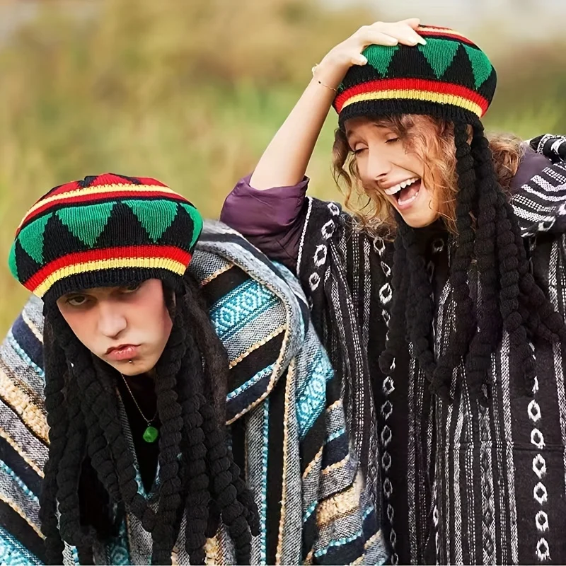 2026 Unisex Knitted Braid Hat Jamaican Bob Rasta Beanie Hats Hip Hop Cap Dreadlocks Wig Bob Marley Caribbean Fancy Dress Hat