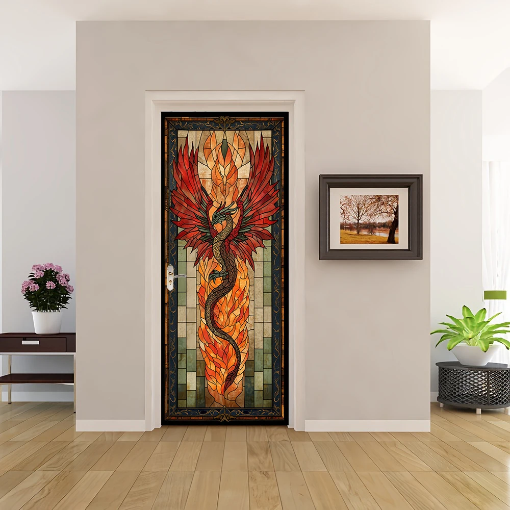 1 piece of Phoenix Nirvana themed decorative door sticker adopts a retro painted glass style design, with flame red gold as the