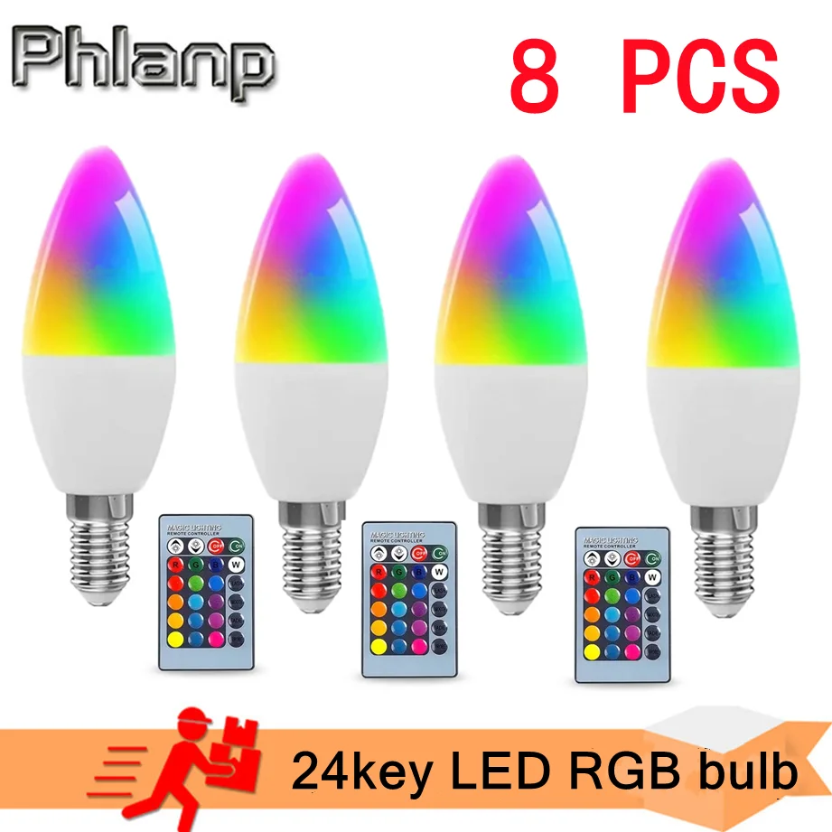 

8Pcs E27 LED Bulb Candle Color Indoor Neon E14 Light Bulb RGB With Controller Lighting AC 85-265V Dimmable Smart Lamp For Home