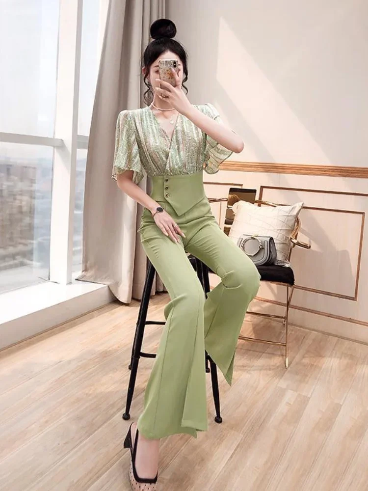 Green Ruffle Women\'s Top and Pants Two Piece Set Holiday Outfits Ladies Trouser Bottom with Sleeve Wholesale Bulk Outfit Clothes