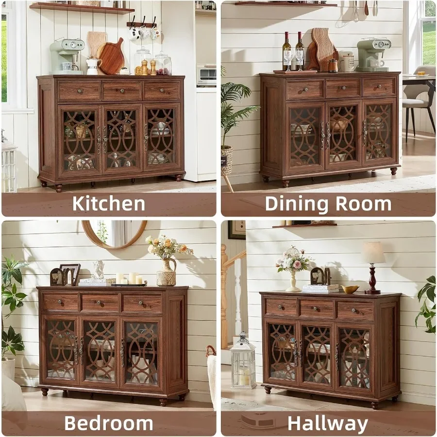 Farmhouse sideboard buffet cabinet for dining room and living room, solid wood construction, brown finish, 48-inch large creden view 4