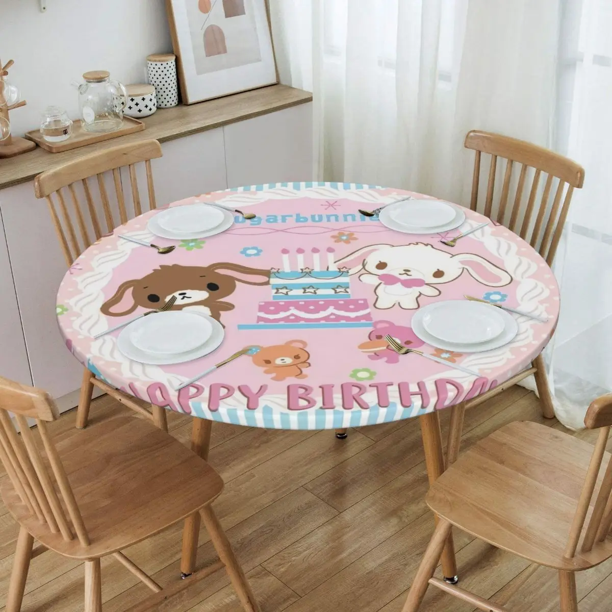 Customized Disney Cartoon Sugarbunnies Sanrio Japan Anime Tablecloth Round Elastic Waterproof Table Cover Cloth for Kitchen