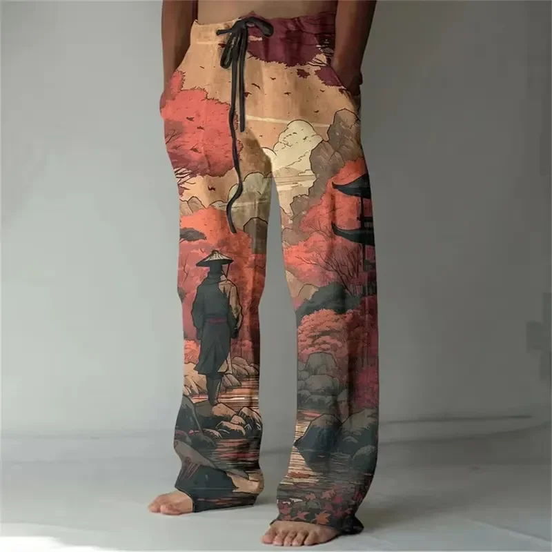 Men Linen Blend Pants 3D Bamboo Print Loose Casual Drawstring Pocket Fashionable Sporty Trousers For Male Summer Breathable