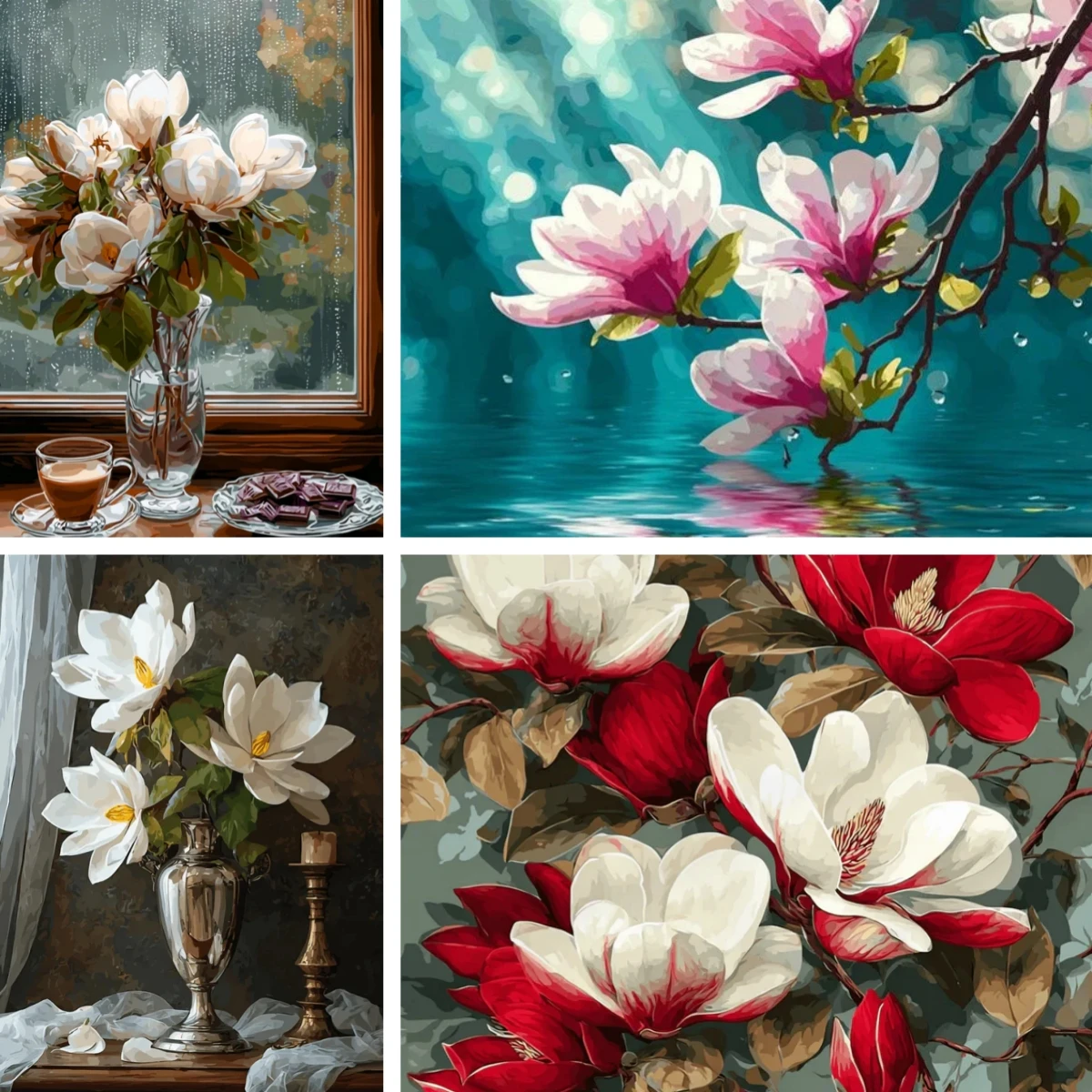 

Diamond Mosaic Landscape White Magnolia Watercolor DIY Full Round Diamond Painting Spring Floral Botanical Wall Art for Bedroom