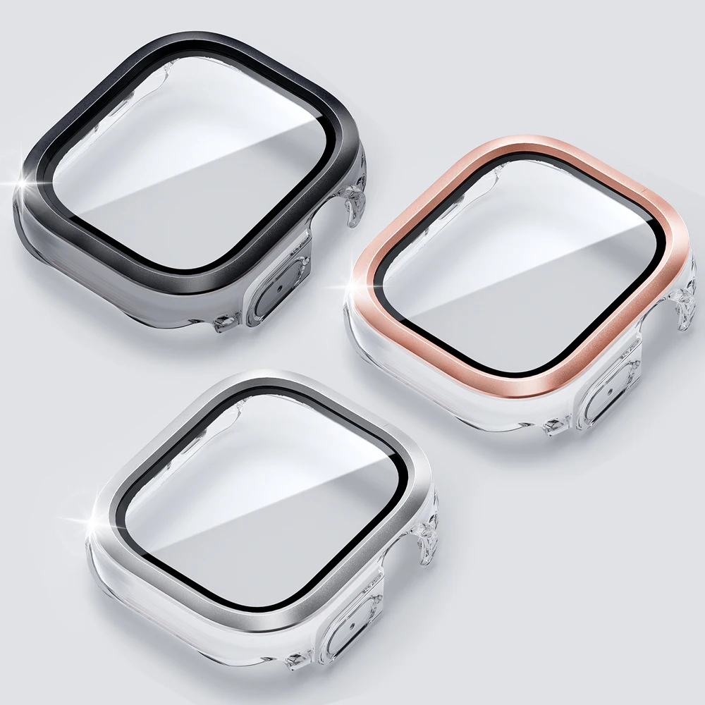 2 in 1 Metal+PC Case for Apple Watch Ultra 3 2 49mm 10 11 42/46mm Waterproof HD Tempered Glass Screen Protector Protective Cover