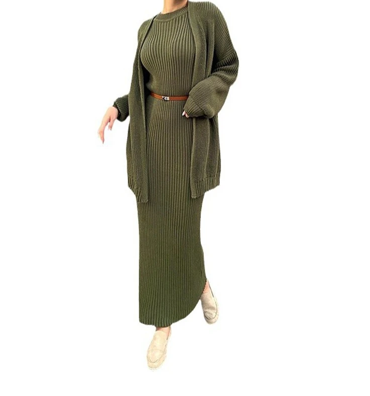 Women\'s Autumn and Winter Fashion Suit Casual Lazy Style Knitted Sweater Tank Maxi Dress and Loose Cardigan Long Sleeved Top Set