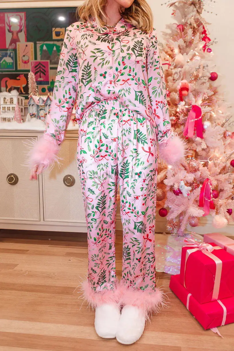 Womens Christmas Pajamas Sets Long Sleeve Button Down Fur Trim Shirt Matching Pants 2 Piece Lounge Set