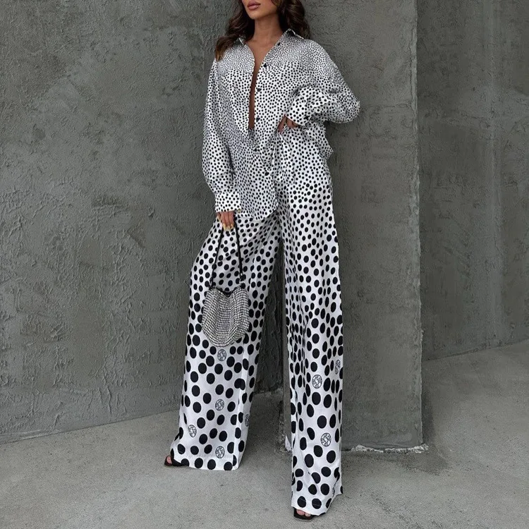 Fashion Loose Print 2 Piece Sets Loungewear Women Outfit Elegant Long Sleeve Shirts With High Waist Wide Pants Set Homewear