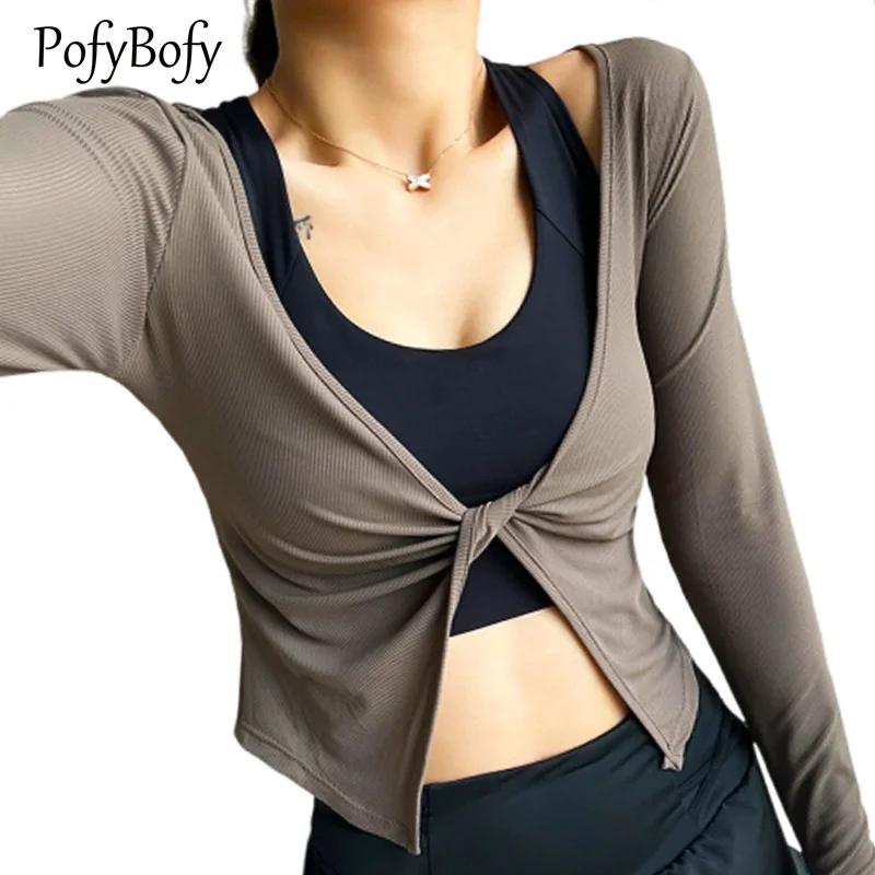 PofyBofy Plunging Neckline Twist Ribbed Long Sleeve Fashion Elastic Women Sport Smock Tops Fitness Yoga Casual Daily Pilates Gym