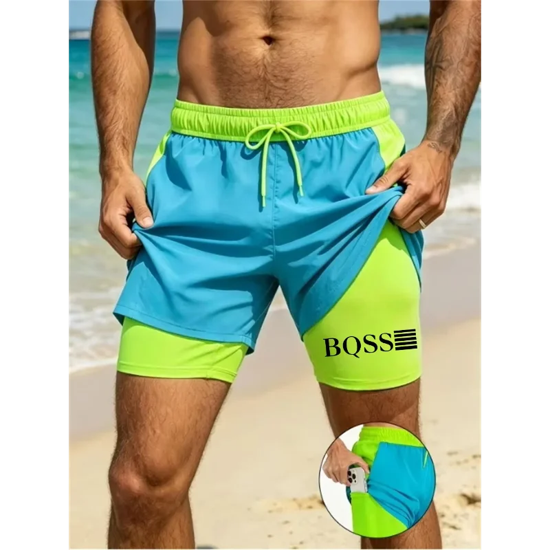 Men's 2-in-1 Quick Drying Double-Layer Sports Shorts with Compression Pad And Pocket for Surfing Gym Workout Running Training