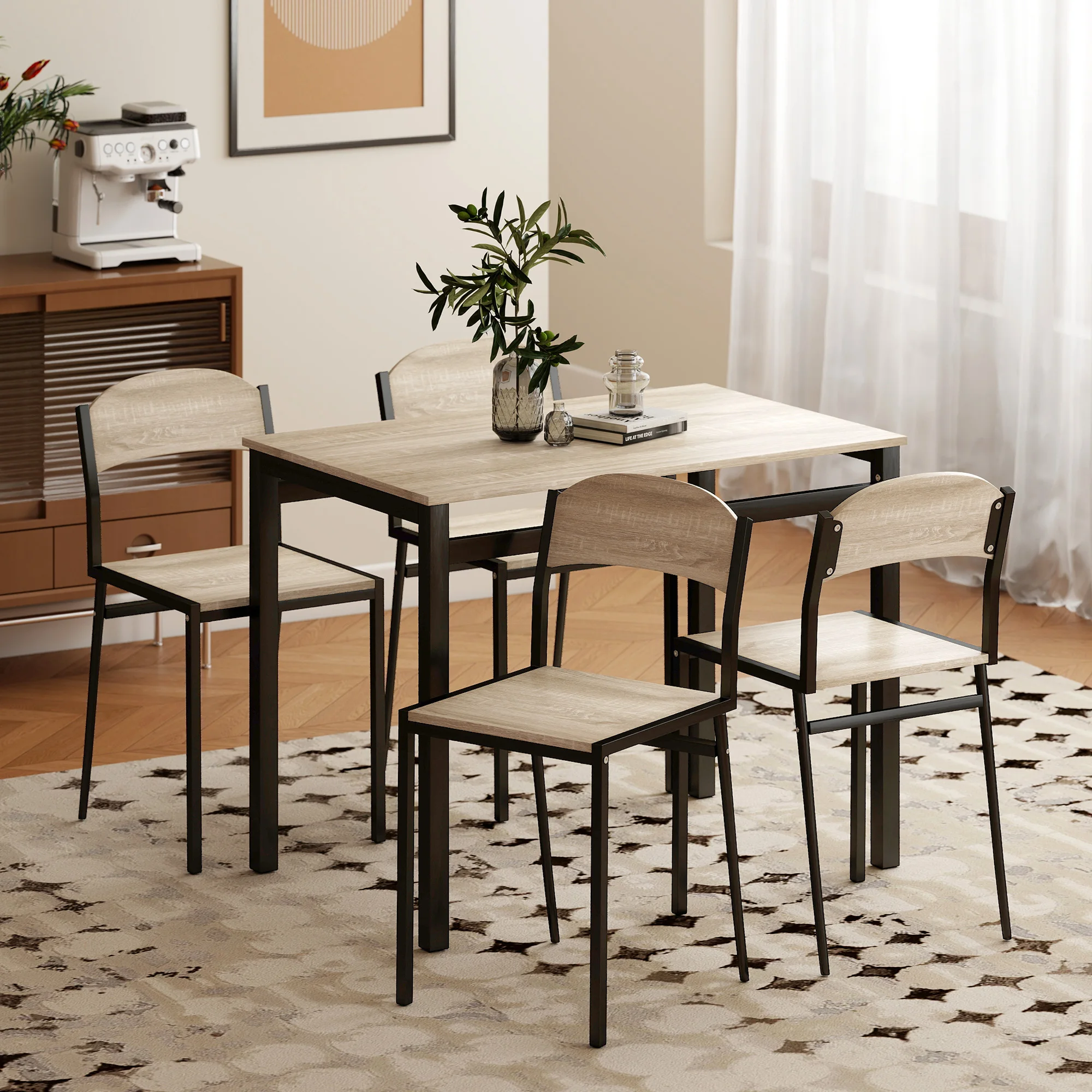 HOMCOM Essgruppe 5-Teilig 100 x 63 cm Esstisch mit 4 Stühlen Rechteckig Esszimmergruppe Modern Küchentisch Set für kleine Raum, Esszimmer, Küche, Eiche