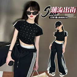 Korean High Girl's Fashion Set Black Hot Diamond T-shirt + Side Striped Pants Summer Set Kids Two Piece Suit Princess Clothing